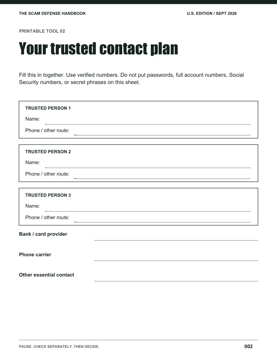 Printable trusted contact worksheet with places for verified numbers