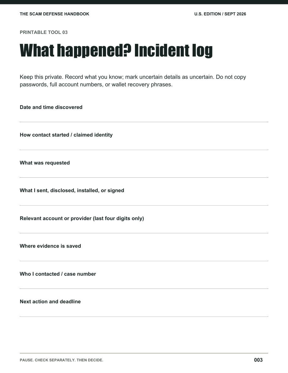 Printable incident log for recording a suspected scam
