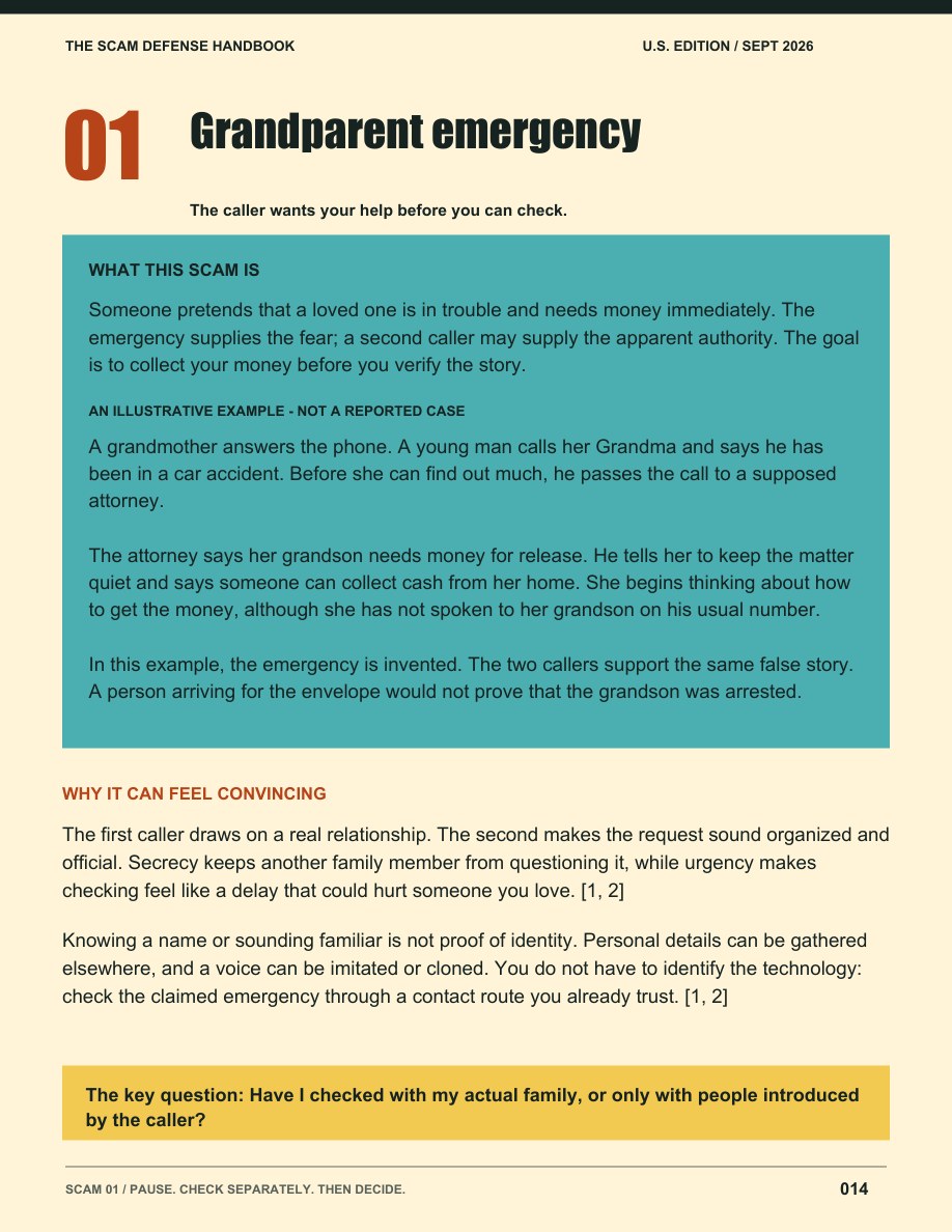Expanded explanation and illustrative example from a two-page scam profile